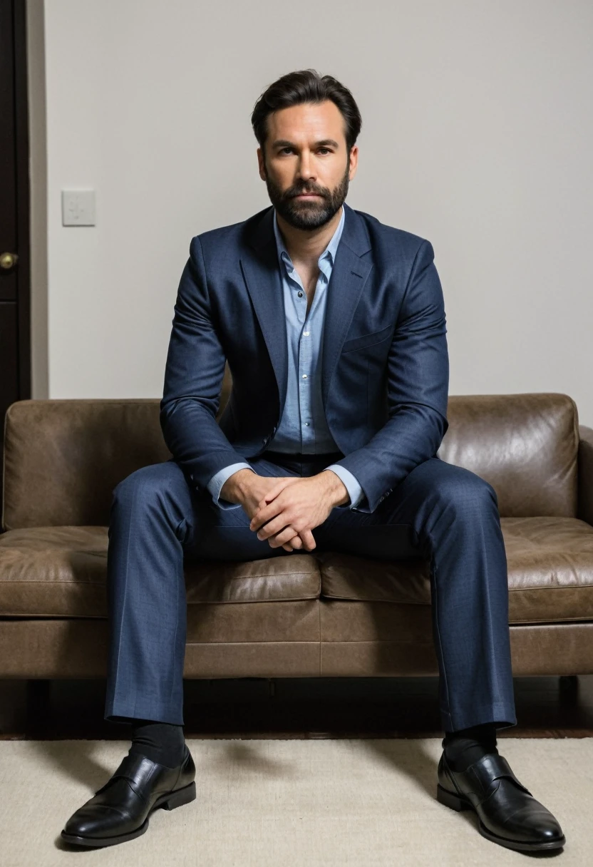 RAW photo, full body, 35-year-old man, ((dressed as lab actor man)), sitting on the guest sofa, looking towards the viewer, wearing shoes, straight forward position, in front of the point of view, neat hair,