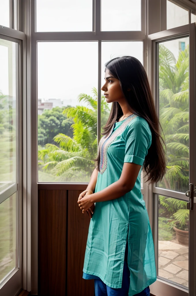 Indian girl having bright skin tone wearing kurti standing in front of window looking outside and talking in her phone, having serious face expression