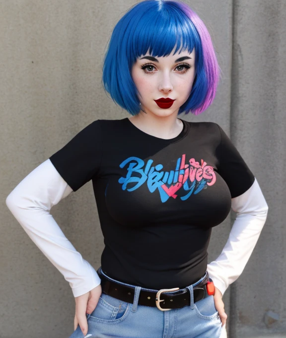 The face of Zoe Quinn, 1girl, solo, black t-shirt, white shirt, blue jeans, belt, lipstick, large breasts, short over long sleeves