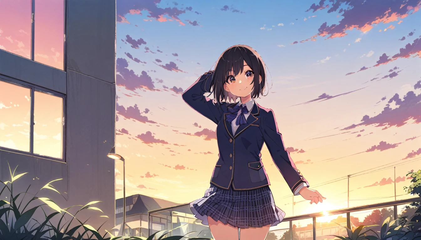 A girl standing smiling in a blazer uniform, with short black hair, a checkered skirt and brown loafers, from head to toe、In front of the school building at dusk