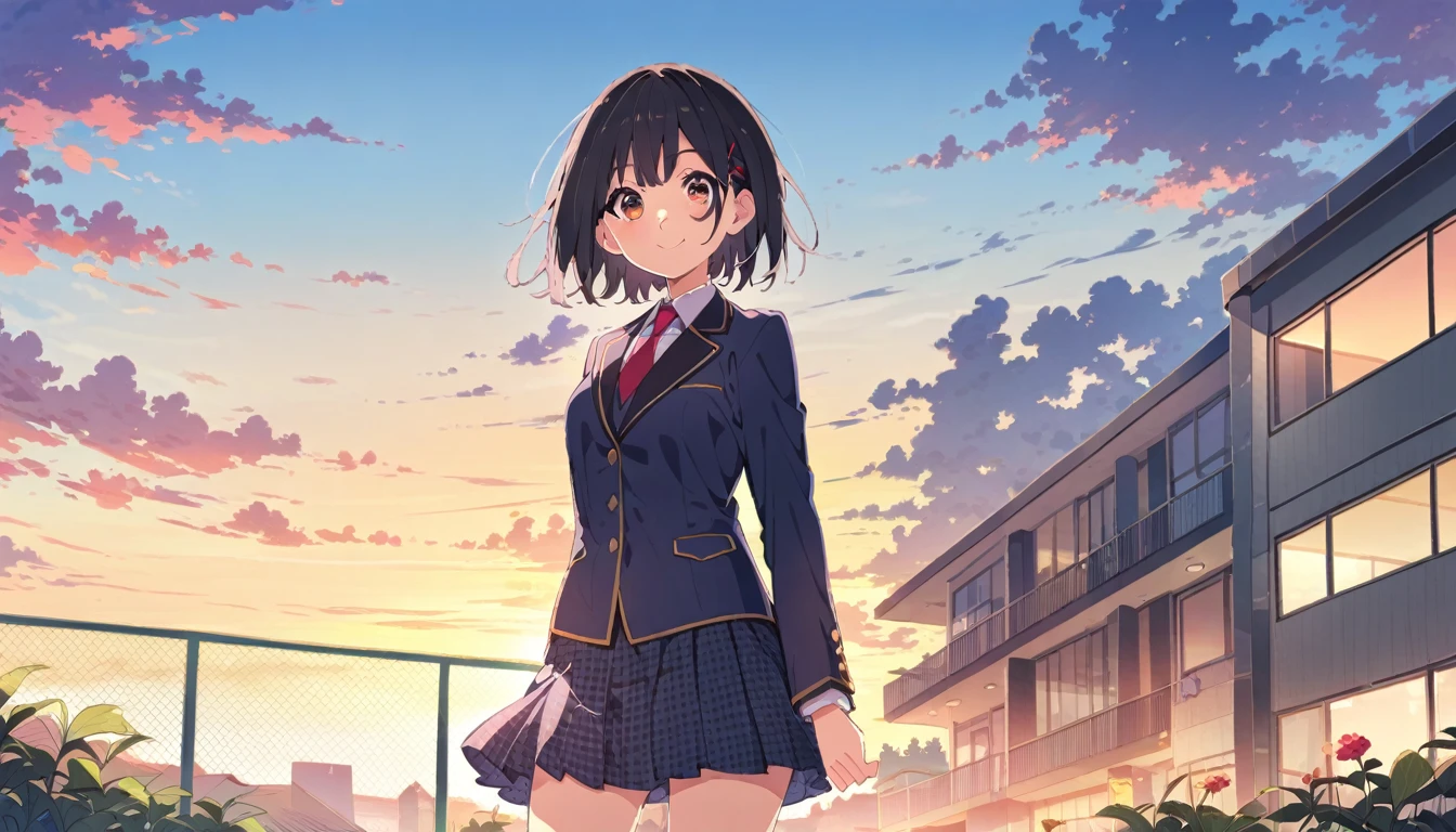 A girl standing smiling in a blazer uniform, with short black hair, a checkered skirt and brown loafers, from head to toe、In front of the school building at dusk