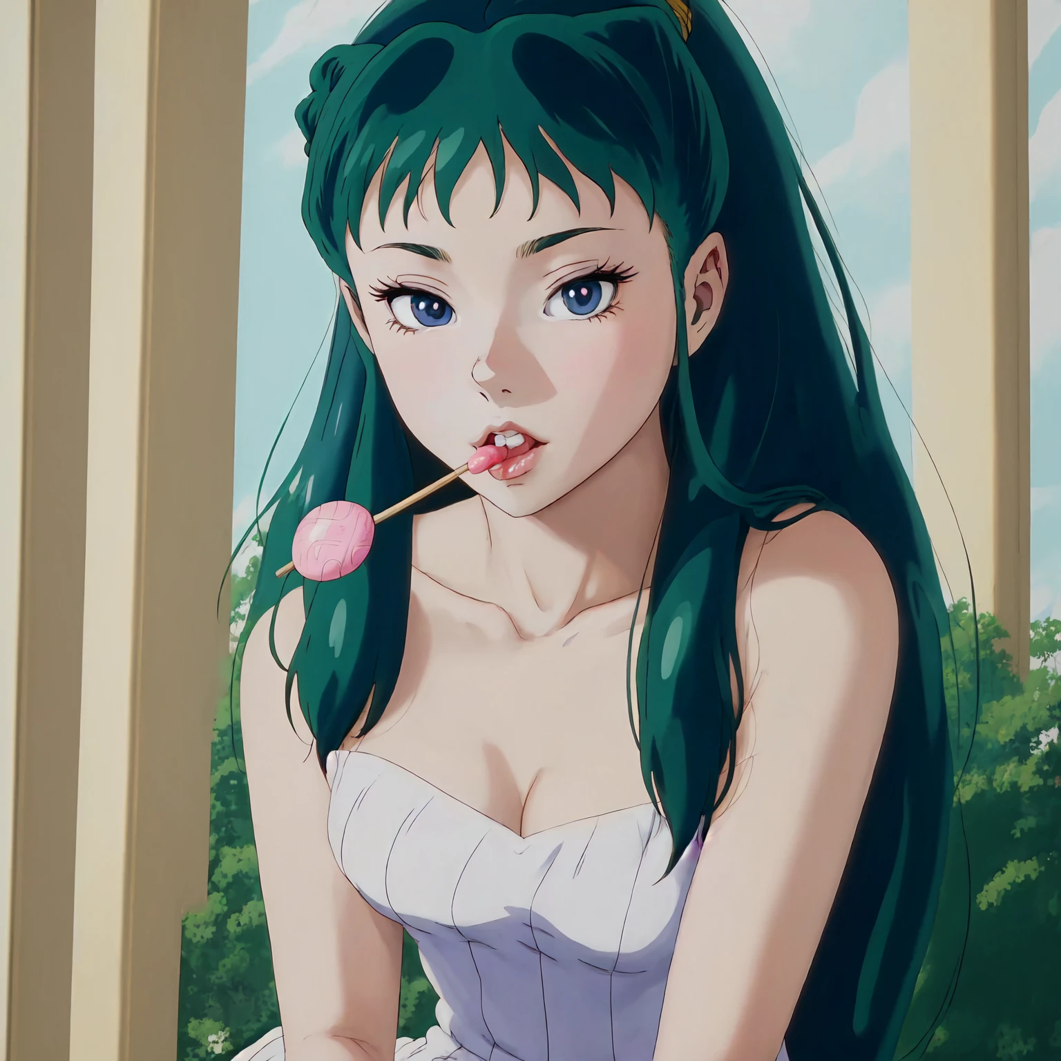 Lum, solo, sitting on a tree, holding a lollipop, licking the lollipop, experiencing bliss, 1girl, beautiful detailed eyes, beautiful detailed lips, extremely detailed face and features, longeyelashes, adorable, whimsical, dreamlike, soft lighting, pastel colors, warm tones, cinematic, impressionistic, (best quality,4k,8k, highres, masterpiece:1.4), ultra-detailed,(anime, photo-realistic:1.37)