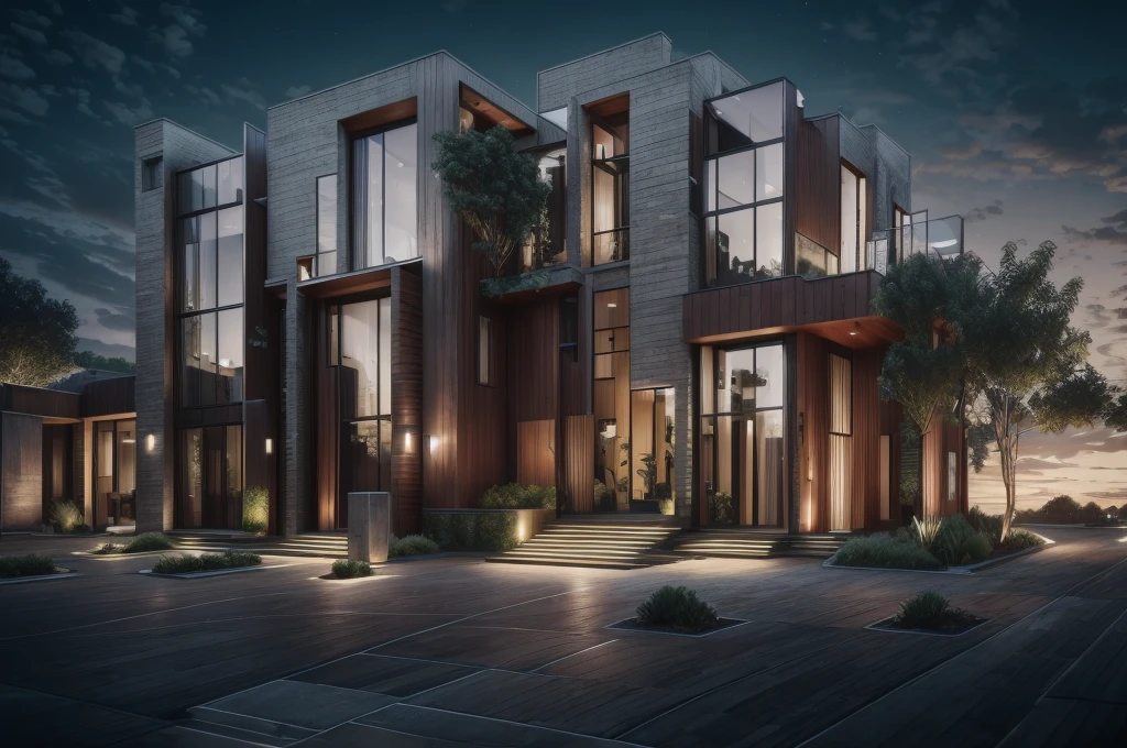 photorealistic,modern house,facade,modern,512k,high detailed,phot real, award winning, large glass window on the right side, wooden planks stacks on the upper floor on the left side, grass,plants,trees,evening,interior lights,((red brick architecture façade))