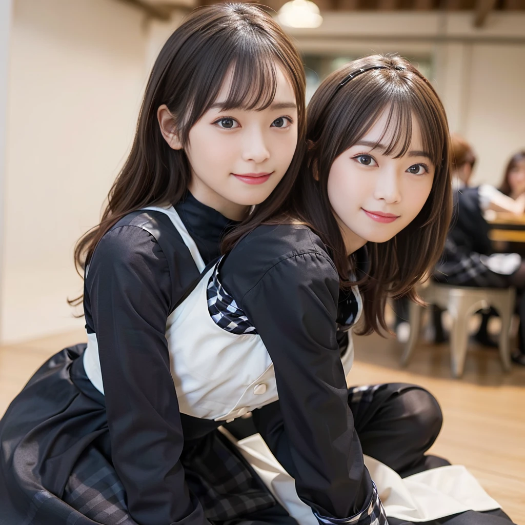 In 8K,Highest quality:1.4, Ultra-high resolution:1.5, (Realistic:1.4),masterpiece:1.2,(Highest quality:1.4)、 RAW Photos、 (The background is blurred), 1 Japanese girl, cute, (alone:1.4), (A shy smile), Smooth Skin、 (Brown medium hair,bangs),Nogizaka,Flexible fingertips,Beautiful dark eyes、dual、Natural skin texture:1.3, Realistic eye and facial details:1.7、Mid-breasted、Daytime、Tight ass:1.5、Staring at the audience,photographer5Step back, Hilarious,(Maid:1.2),bow,Long sleeve, Black sleeves,(Black checked long tights:1.5),Maidの頭飾り,Maid apronl,cafeteria,Upper Body:1.8,(Fine hair:1.1), (Fine grain:1.1)