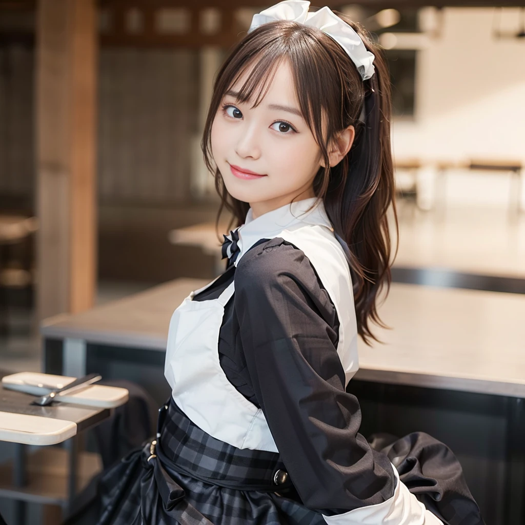 In 8K,Highest quality:1.4, Ultra-high resolution:1.5, (Realistic:1.4),masterpiece:1.2,(Highest quality:1.4)、 RAW Photos、 (The background is blurred), 1 Japanese girl, cute, (alone:1.4), (A shy smile), Smooth Skin、 (Brown medium hair,bangs),Nogizaka,Flexible fingertips,Beautiful dark eyes、dual、Natural skin texture:1.3, Realistic eye and facial details:1.7、Mid-breasted、Daytime、Tight ass:1.5、Staring at the audience,photographer5Step back, Hilarious,(Maid:1.2),bow,Long sleeve, Black sleeves,(Black checked long tights:1.5),Maidの頭飾り,Maid apronl,cafeteria,Upper Body:1.8,(Fine hair:1.1), (Fine grain:1.1)