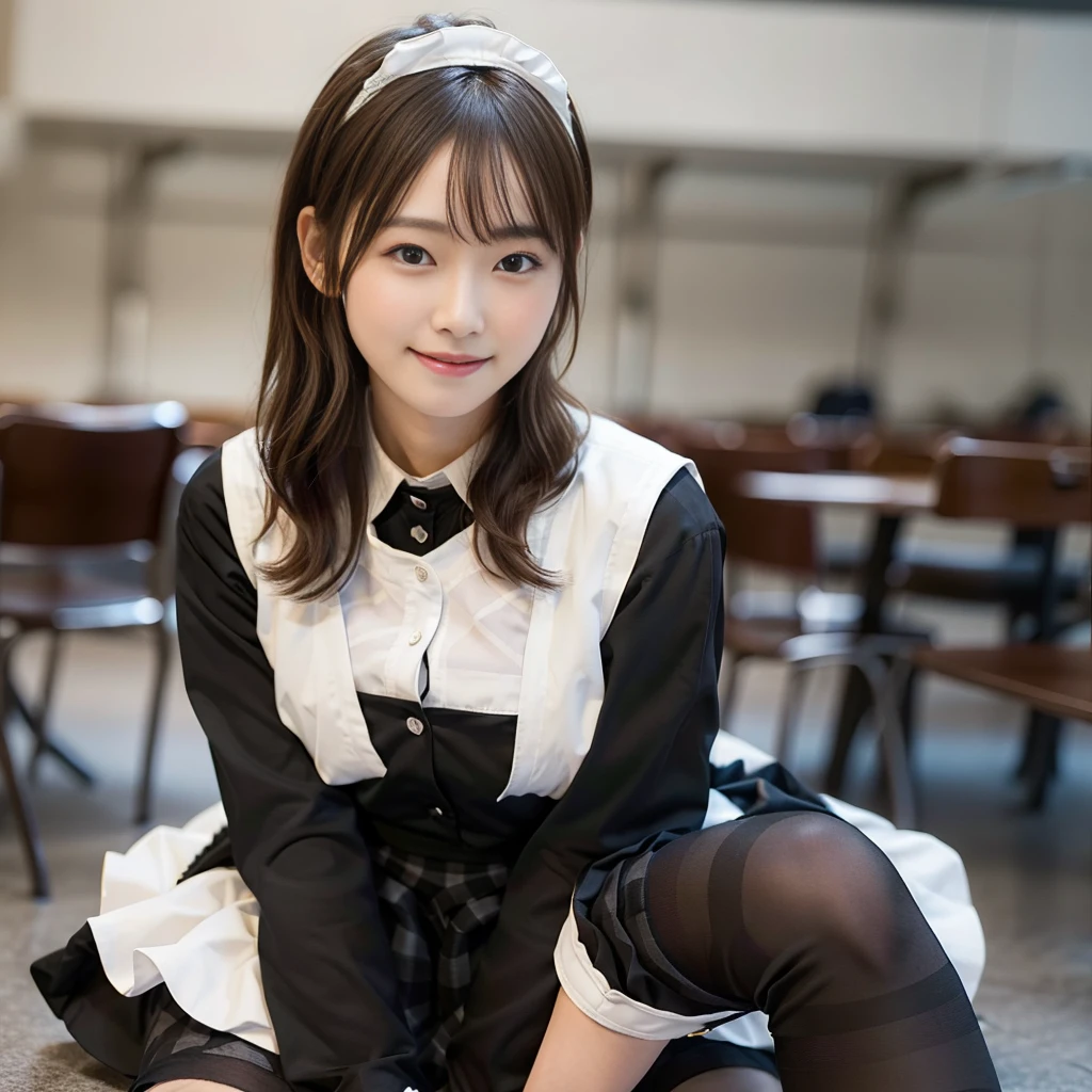 In 8K,Highest quality:1.4, Ultra-high resolution:1.5, (Realistic:1.4),masterpiece:1.2,(Highest quality:1.4)、 RAW Photos、 (The background is blurred), 1 Japanese girl, cute, (alone:1.4), (A shy smile), Smooth Skin、 (Brown medium hair,bangs),Nogizaka,Flexible fingertips,Beautiful dark eyes、dual、Natural skin texture:1.3, Realistic eye and facial details:1.7、Mid-breasted、Daytime、Tight ass:1.5、Staring at the audience,photographer5Step back, Hilarious,(Maid:1.2),bow,Long sleeve, Black sleeves,(Black checked long tights:1.5),Maidの頭飾り,Maid apronl,cafeteria,Upper Body:1.8,(Fine hair:1.1), (Fine grain:1.1)