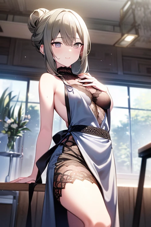 (A masterpiece of image quality in 8K),(from below:1.2),(Beautiful Allafed Woman),(((emphasizing breasts:1.0))),(Dynamic angles),(Dynamic and sexy bending pose:1.3),(sit a chair:1.3),(Short hair in shiny silver and orange inner colors,(perky chest:1.1), (pointed chest:1.3),small full breasts,Disturbance of clothing due to movement,breast slip,(Ponytail twisted buns adorned with elaborate braids and beads,Braided Setup Fishbone Hair,),(see-through bangs),small breasts、(((A white lace apron that shows your bare skin from under your small breasts)))、Blush with embarrassment、Enraptured eyes、A smile that beguiles the viewer、(Look back:1.2)、Look into the photographer,skin glistening with sweat,gazing at viewer,,(Professional Lighting),(8K,masutepiece,top-quality,Ultra-high resolution output image,),(Ultra HD with complex detail image modes),depth of fields,Beautiful hands,Beautiful fingers,Detailed finger features,(Detailed hair features:1.7),detailed facial features,detailed clothes features,