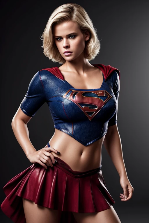 Gorgeous european woman with very short hair, short hair with fringe, wet hair, hair slicked back, combed straight back, slick hair, streaked indigo hair, seductive pose, alice eve as supergirl, torn ragged clothes, cleavage, solid dark grey background