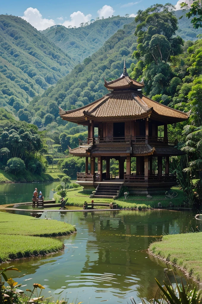 Create an illustration of Situ Lengkong Panjalu, capturing its serene lake surrounded by lush green hills and a clear blue sky. Include traditional Indonesian architecture in the background and local flora in the foreground.
