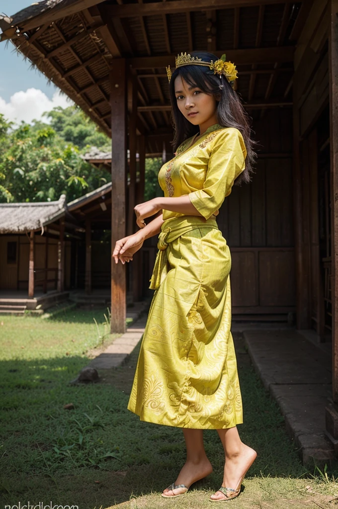 An Indonesian Woman traditional Jaipong dancer with a sweet gaze, she wears a long yellow kebaya or sundanese clothes, dark green long batik skirt , a dark green sash, a typical dancer's crown, and a fan that she holds in her hand. full body view typical rural daytime background. HDR Ultra No lora