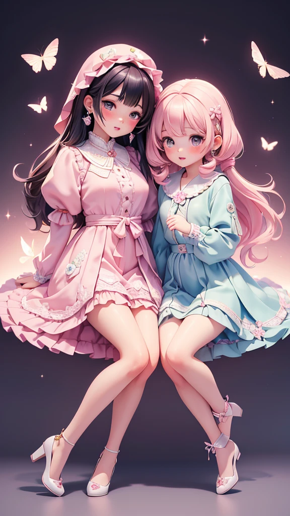 ((petite bishojo, jk 2girls)), (puffy eyes), (masterpiece), (top quality), ((hyper detailed)), (exquisite), (beautiful and aesthetic), (super detailed skin), (high standard), (high resolution), (depth), (perfect anatomy), (full body), (nose blush), (earring), (lipstick), ((yuri, xoxo)), ((perfect hands, perfect fingers, perfect feet))