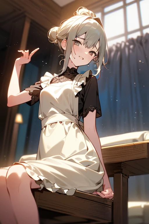 (A masterpiece of image quality in 8K),(from below:1.2),(Beautiful Allafed Woman),(((emphasizing breasts:1.0))),(Dynamic angles),(Dynamic and sexy bending pose:1.3),(sit a chair:1.3),(Short hair in shiny silver and orange inner colors,(perky chest:1.1), (pointed chest:1.3),small full breasts,Disturbance of clothing due to movement,breast slip,(Ponytail twisted buns adorned with elaborate braids and beads,Braided Setup Fishbone Hair,),(see-through bangs),small breasts、(((A white lace apron that shows your bare skin from under your small breasts)))、Blush with embarrassment、Enraptured eyes、A smile that beguiles the viewer、(Look back:1.2)、Look into the photographer,skin glistening with sweat,gazing at viewer,,(Professional Lighting),(8K,masutepiece,top-quality,Ultra-high resolution output image,),(Ultra HD with complex detail image modes),depth of fields,Beautiful hands,Beautiful fingers,Detailed finger features,(Detailed hair features:1.7),detailed facial features,detailed clothes features,
