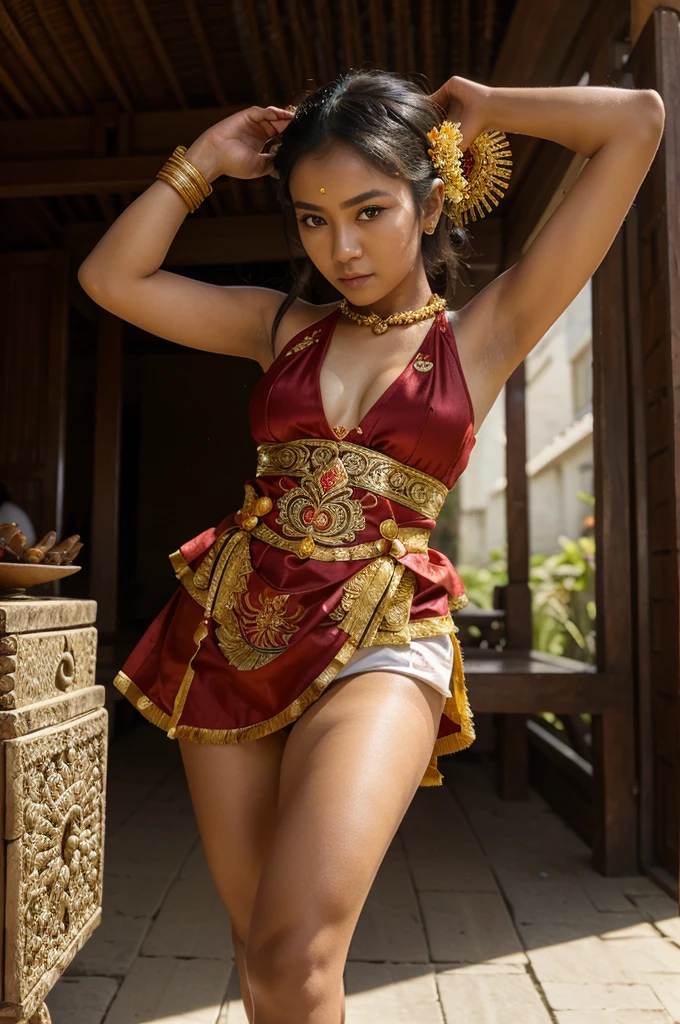 masterpiece, highest quality, an indonesian girl, dancing Pendet (Bali traditional dance), eyes glared, complex detailed Balinese Pendet traditional dress, nice hand, black hair, styled just like Pendet traditional accessories on head and everything