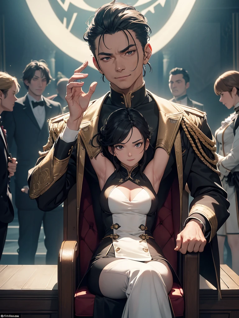 (masterpiece、top-quality、hight resolution、Unity 8k Wallpaper、extremely details CG:1), In a brightly lit backstage area filled with costumes and props, the cast of the B-movie relaxes and interacts. The enemy actor, known for his fearsome on-screen presence, is seen nervously adjusting his costume. The protagonist, usually seen as a determined explorer, lounges lazily on a chair, looking unmotivated. The actress playing the heroine, who typically exudes elegance, is caught in a candid moment showing her more boisterous and carefree side. The skeletal butler, whose costume is elaborate and imposing, is being assisted by the crew as they adjust his suit. Meanwhile, the advisor actor, despite his in-movie role as a partially embedded figure, is laughing heartily with the crew, his jovial nature evident. The atmosphere is one of camaraderie and behind-the-scenes fun.