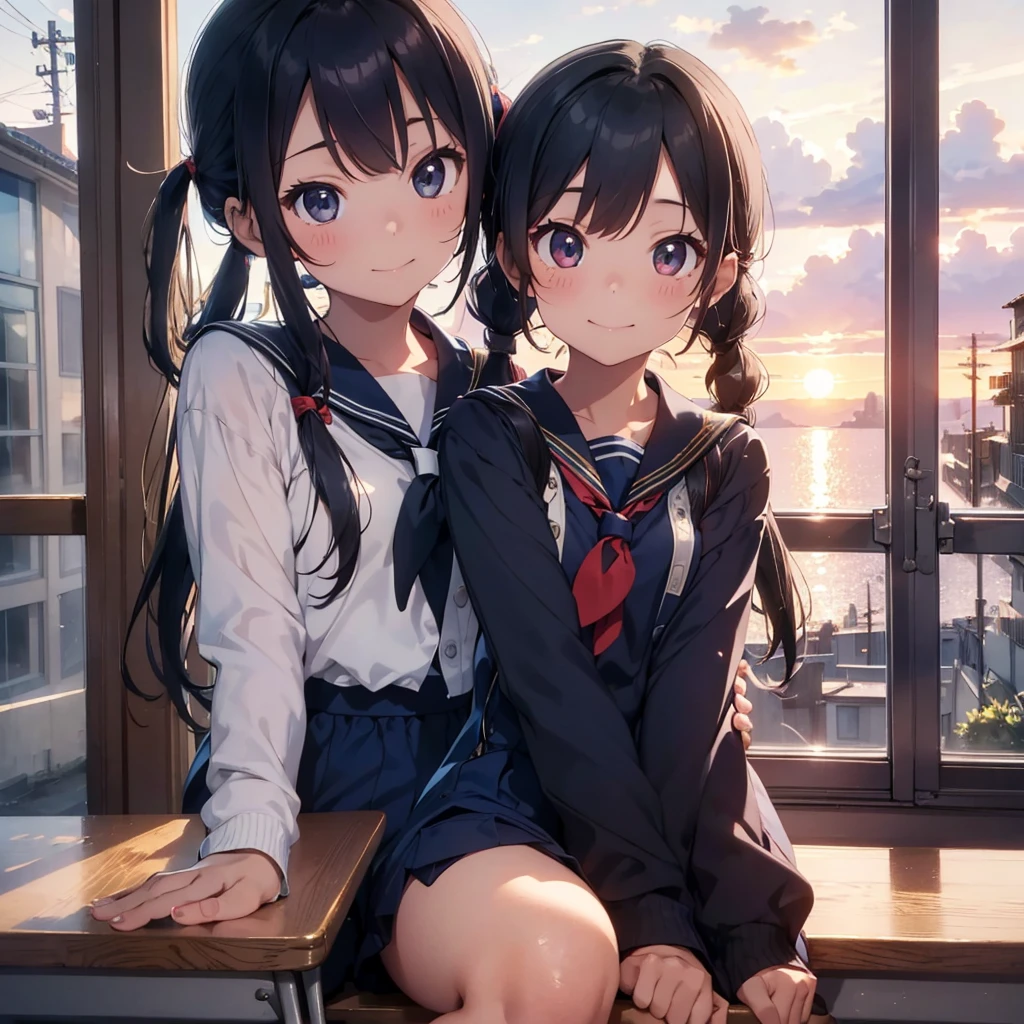 Highest quality, Very detailed, masterpiece, One Girl, Sit on a chair, talk, Smile, 15yo, (low twintails:1.2), Low Pigtails, Black Hair, Long Hair, (Navy blue sailor suit:1.4), Blue ribbon, Long sleeve, School desk, School Chair, classroom, from the front, window, distant cityscape, A town with hills, Sea in the back, sunset, anime, (Close up on face)