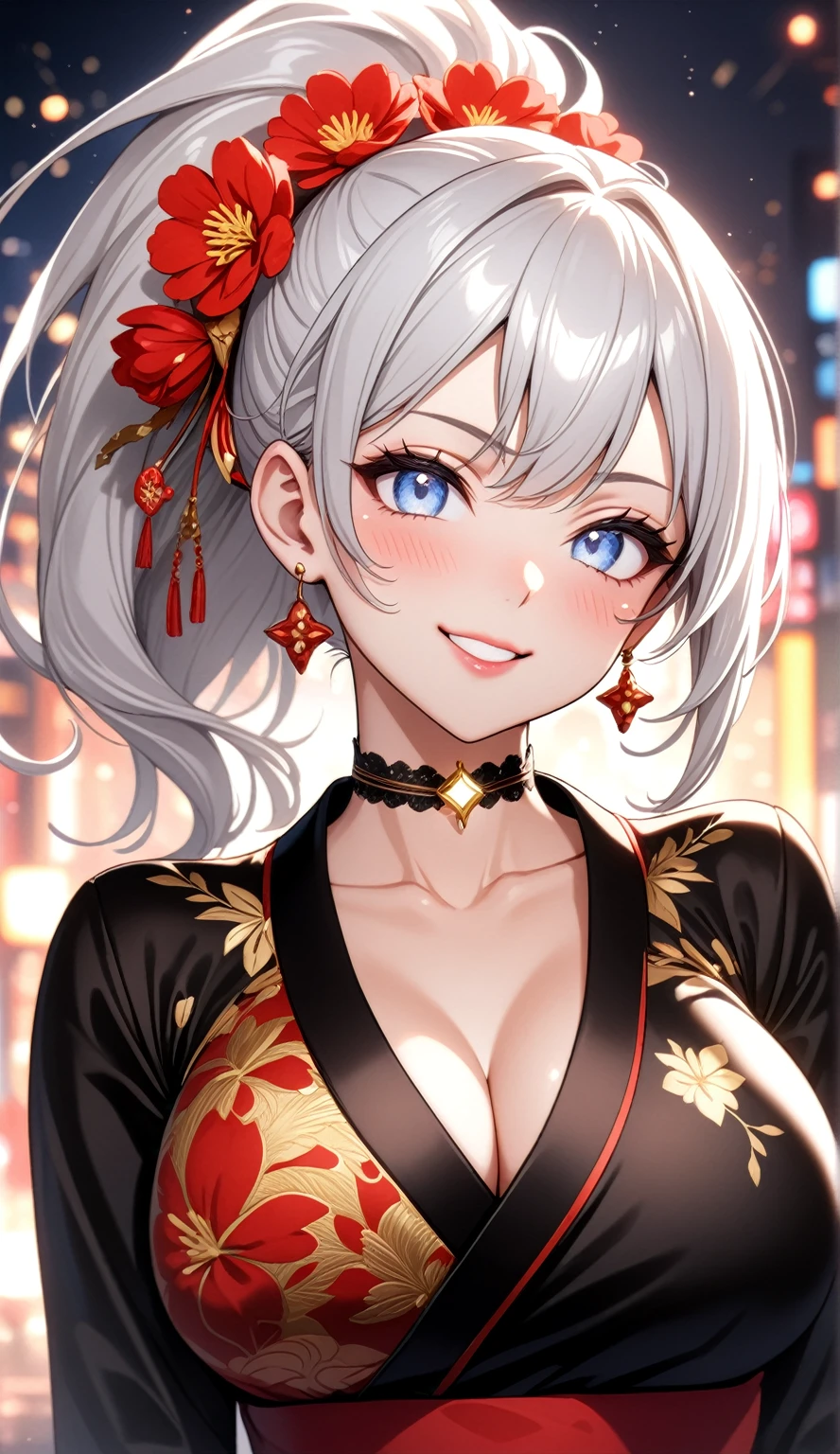 ((One personの女性)), Beautiful Face, Laughing embarrassedly, (naughty face:1.2),((Wink:2.0)), (head tilt:1.3), Laugh with your mouth wide open,((Bright red cheeks:1.4)),Shiny red lips,Night view,Heights, firework, Glossy red lips,Facial lighting, ((Anime style background)),masterpiece, Highest quality, so beautiful,up to date, Complex details, (Pink long nails),(ring),(bracelet),(Floral choker),AI-generated, Complex,High resolution, Highest quality, super high quality,3D Images、3D Images,One person,Long white hair,High Ponytail, Anime woman posing for a photo,(blue eyes), ((Fine grain、Silvery white colorful eyes、Shining Eyes:1.3)), (Squint your eyes:1.1),a hyperRealistic , hyperRealistic , Realistic,Anime woman with long white hair, Smooth anime CG art, A woman in a colorful kimono with gold embroidery, (Black long sleeve kimono),Red floral pattern,Long flower hair ornament,Earrings,Mature Body,(Big Breasts:1.1),Tall,Abdominal muscles,Tight waist,(Zoom up to face:1.3), (front view),