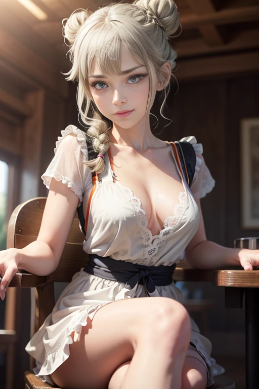 (A masterpiece of image quality in 8K),(from below:1.2),(Beautiful Allafed Woman),(((emphasizing :1.0))),(Dynamic angles),(Dynamic and sexy beg pose:1.3),(sit a chair:1.3),(Short hair in shiny silver and orange inner colors,(perky chest:1.1), (pointed chest:1.3),small full breasts,Dise of clothing due to movement,breast slip,(Ponytisted buns adorned witrate braids and beads,Braided Setup Fishbone Hair,),(see-through bangs),small breasts、(((A white lace apron tws your bare skin from under your small breasts)))、Blush with embarrassment、End eyes、A smile that beguiles the viewer、(Look back:1.2)、Look into the photographer,skin glistening with sweat,gazing at viewer,,(Professional Lighting),(8K,masutepiece,top-quality,Ultra-high resolution output image,),(Ultra HD with complex detail image modes),depth of fields,Beautiful hands,Beautiful fingers,Detailed finger features,(Detailed hair features:1.7),detailed facial features,detailed clothes features,