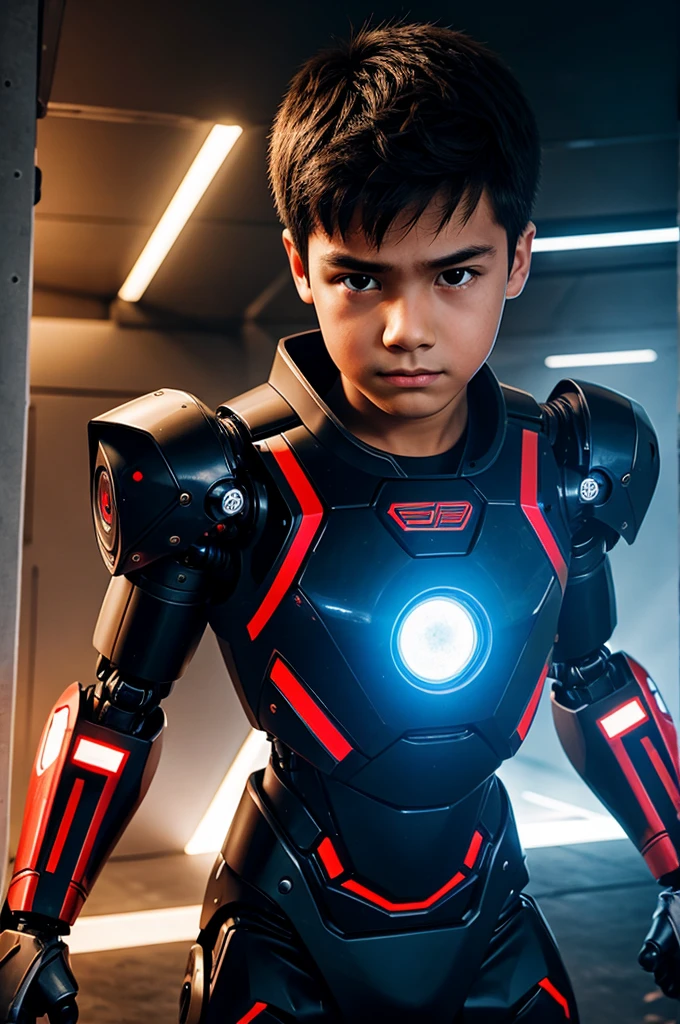 Boy with future fighting robot