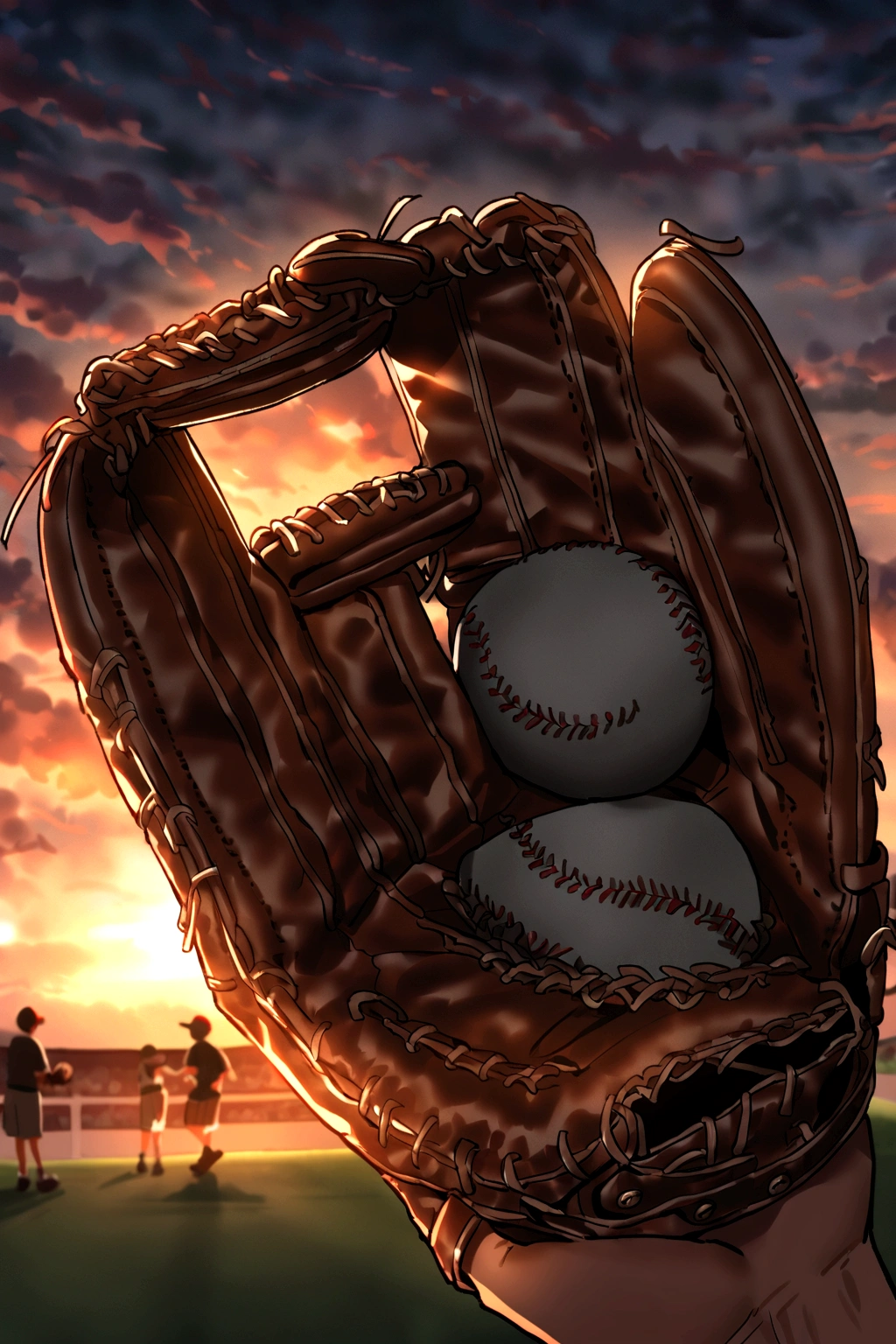 Boys，Attractive temperament，Baseball uniforms，Crooked baseball cap，Please wear a baseball glove on your right hand，Baseball glove in left hand，Back view，court，youth，evening