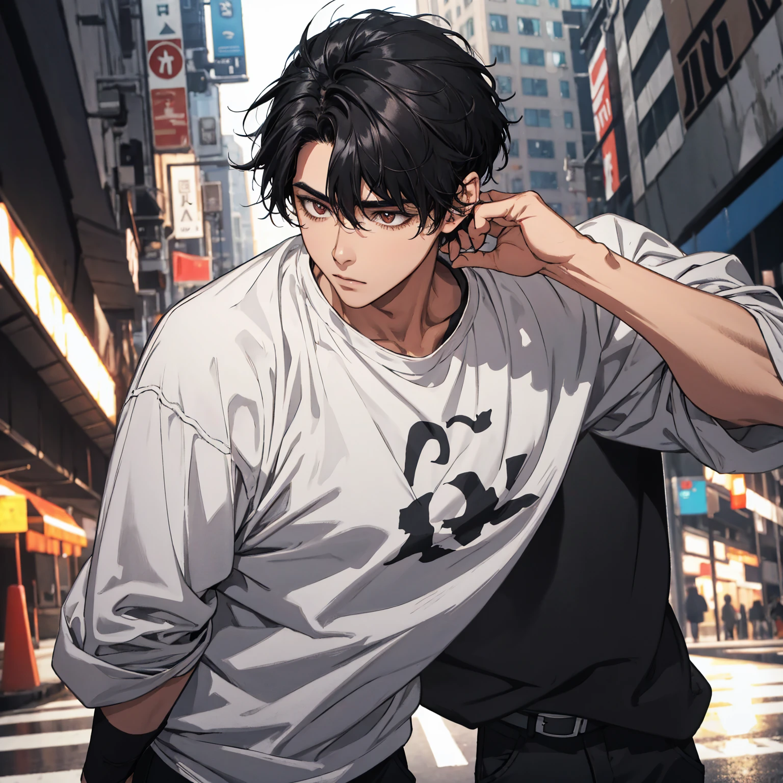 1 man night black hair medium hair young man