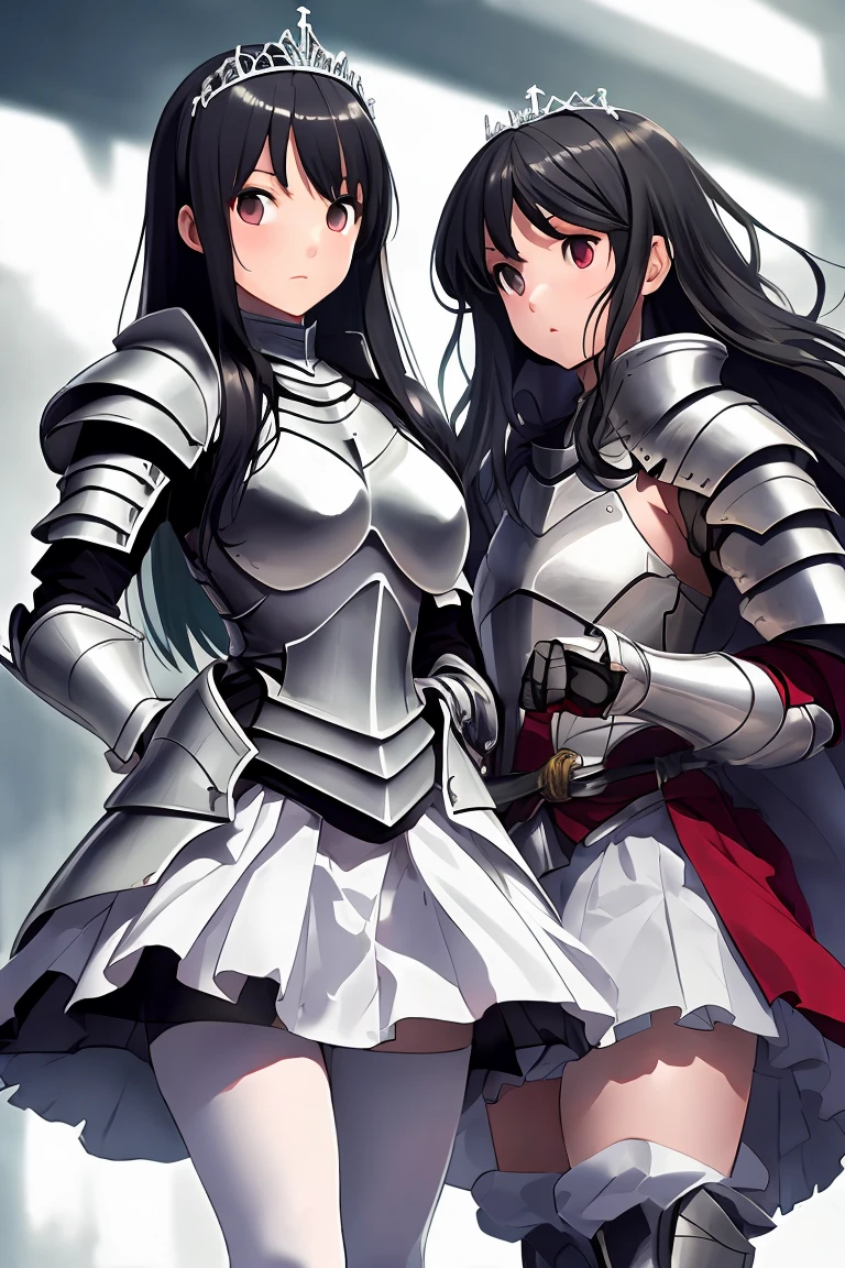 Sisters　Height difference　female knight　armor　Black Hair　tiara　Shortcuts　sword　Torn white skirt　Torn white tights　battlefield