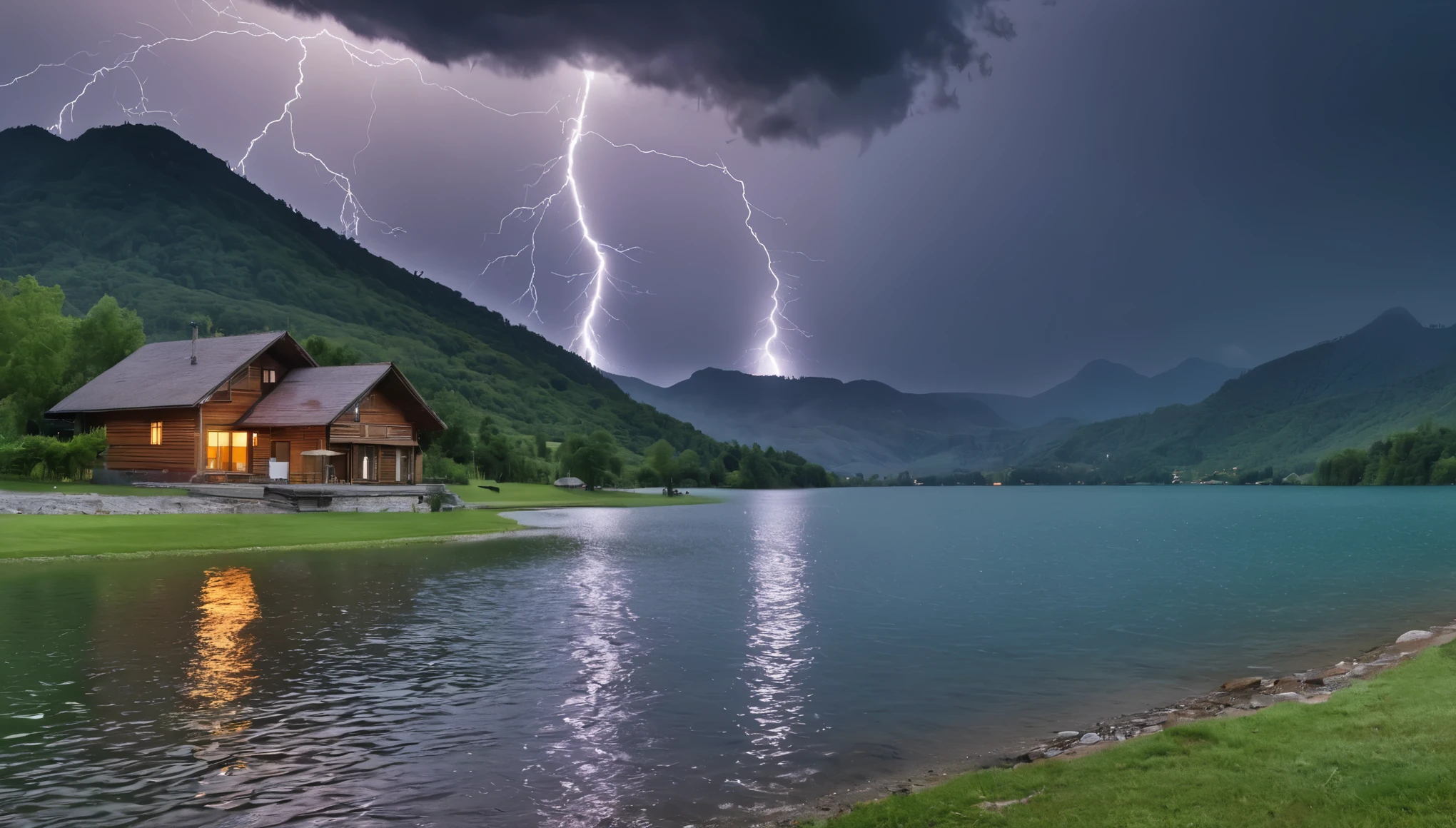 photo or a village house next to a quiet mountain lake before a thunderstorm, lightning strikes in the distance, when a thunderstorm approaches, the lake extends from foreground to background