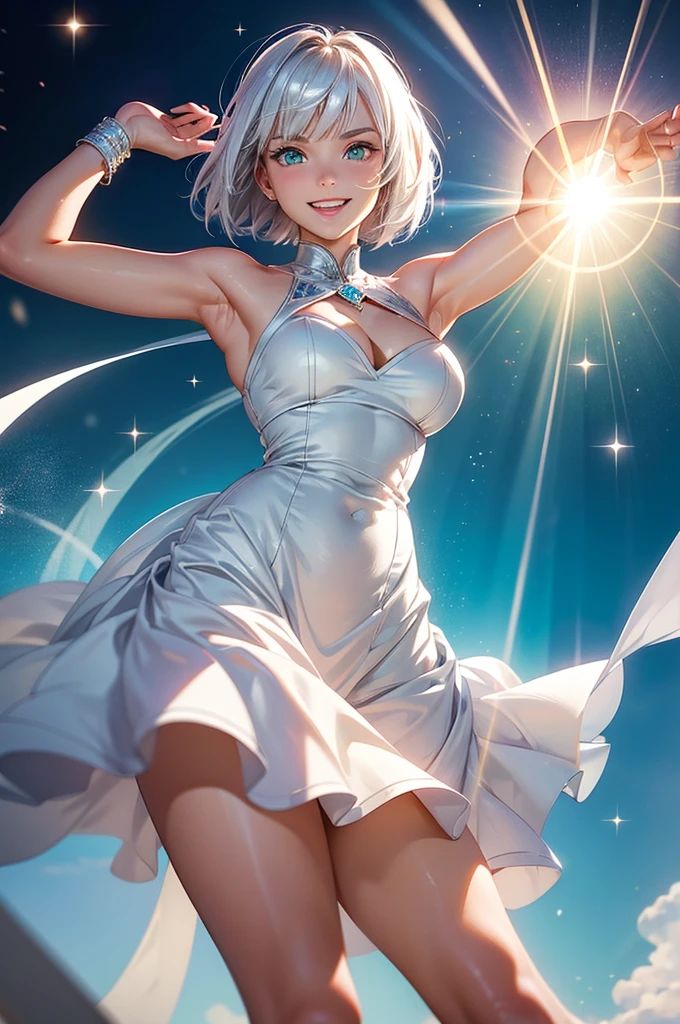 Perfect human body modeling, 1girl, beautiful girl, cute girl and idol face, young face, smile, white skin, short hair, bob cut hair, silver hair, ahoge, shiny hair, shiny skin green eyes, beautiful eyes, medium breasts, ight particles, light sparkles, lens flare, Light particles, Magic light, strong light, gorgeous dress, Princess Dresses, loud laughter, A young lady mocks those of low status