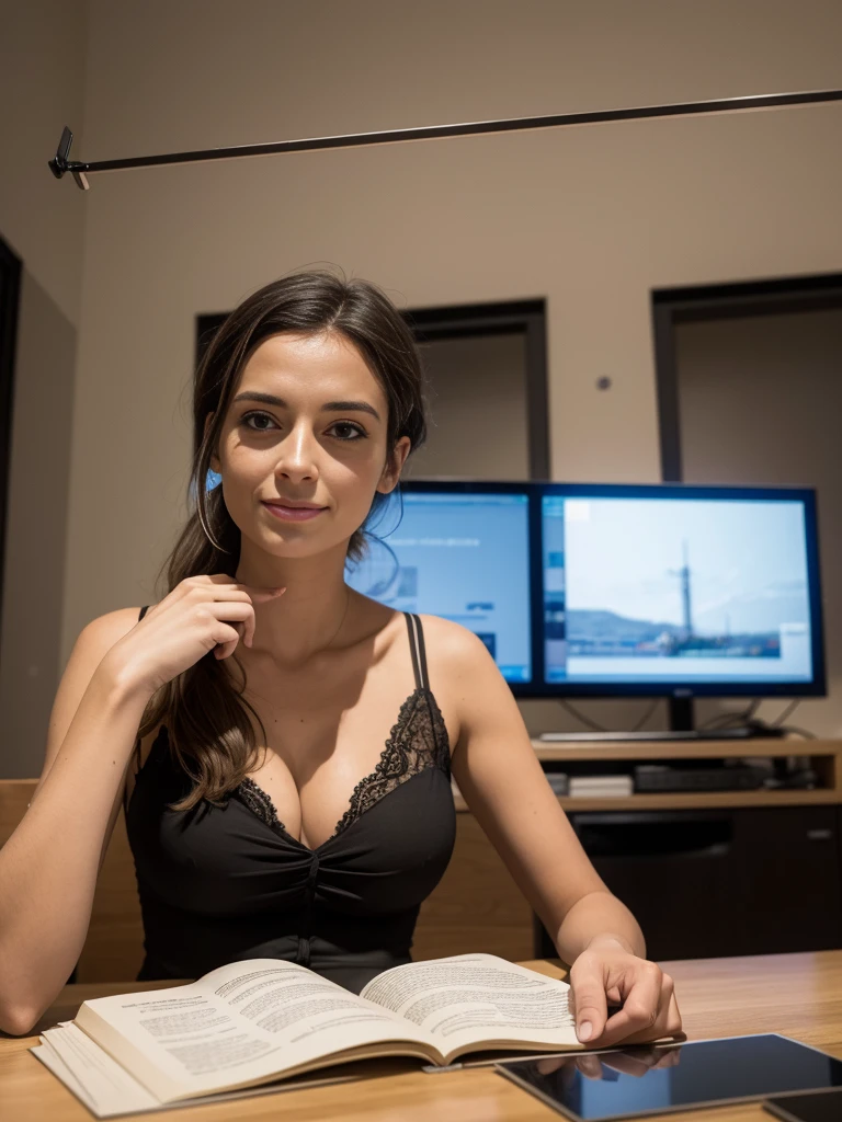 une photo très réaliste d&#39;a blonde Instagram model, porter une coupe ample, robe décolletée gris bleu, with an attractive look,85d chest smiling, flirt with the camera, toe, her on all fours facing the camera
