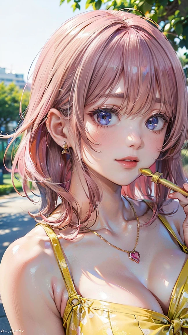 (Masterpiece, BestQuality:1.3), (ultra detailed:1.2), (hyperrealistic:1.3), (RAW photo:1.2), High detail RAW color photo, professional photograph, (Photorealistic:1.4), (realistic:1.4), (Pink Hair:1.5), professional lighting, perfect anatomy, (Big Breasts:1.2), (blush, detailed face), (cheerful Smile:1.5), Trending Hair&Trending Hairカラーをランダムに, earrings, necklace, bracelet, sexly, erotic sexly, Random sexy gravure poses, (A woman wearing a yellow summer dress、She is posing sexy with a happy smile while eating ice cream in the park.。Pink Hairのウェーブヘアが美しく揺れている。: 1.3)