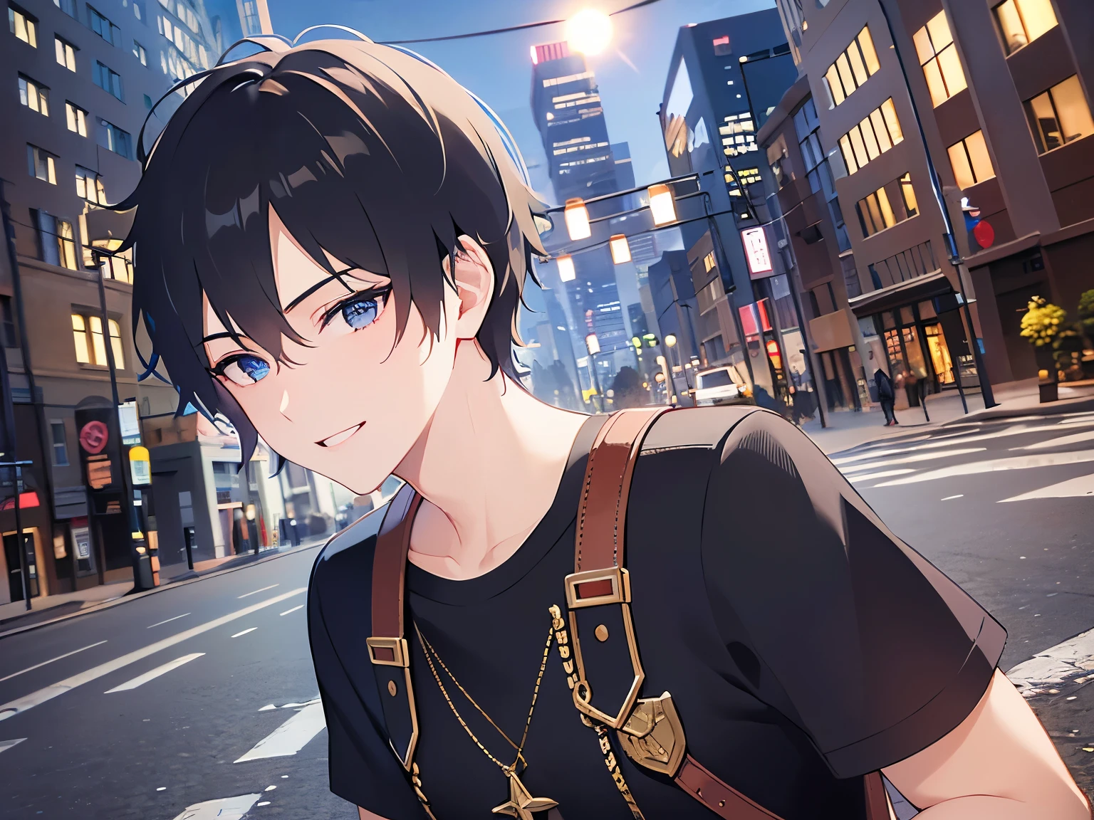 Detailed CG,Ultra-fine illustrations,masterpiece,Highest quality,Shiny skin,BREAK(26 year old male:1.5)BREAK,(Black Short Hair),(blue eyes),(Black T-shirt),(smile:1.2),Background is a park at midnight,Street lamp,Alone,Side view,(looking away:1.5),Upper Body