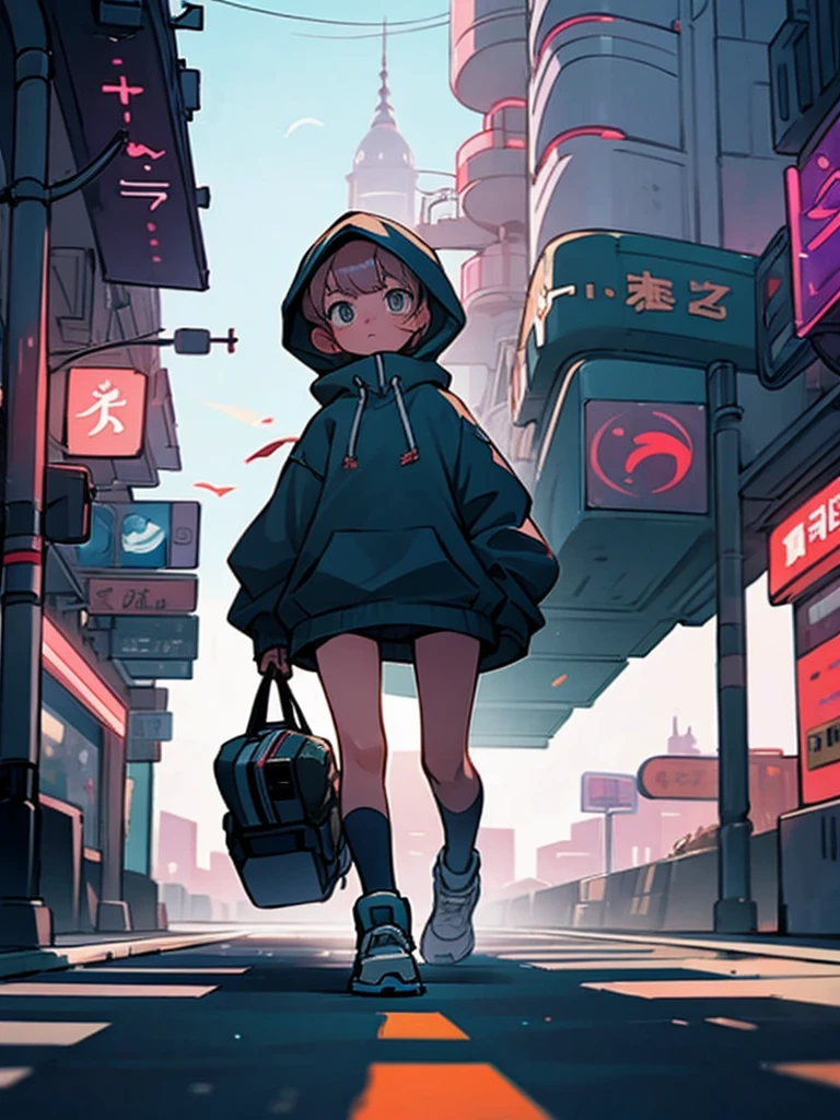 A girl dressed in a long sweatshirt walks forward through the city. The camera is located from bottom to top