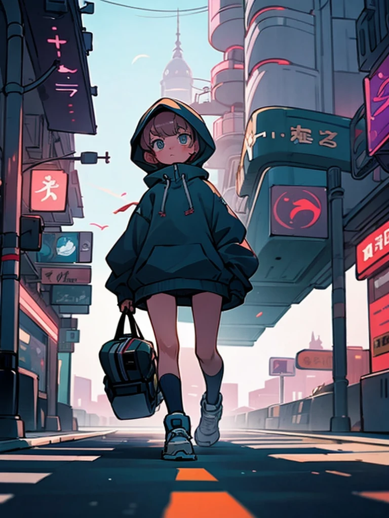 A girl dressed in a long sweatshirt walks forward through the city. The camera is located from bottom to top