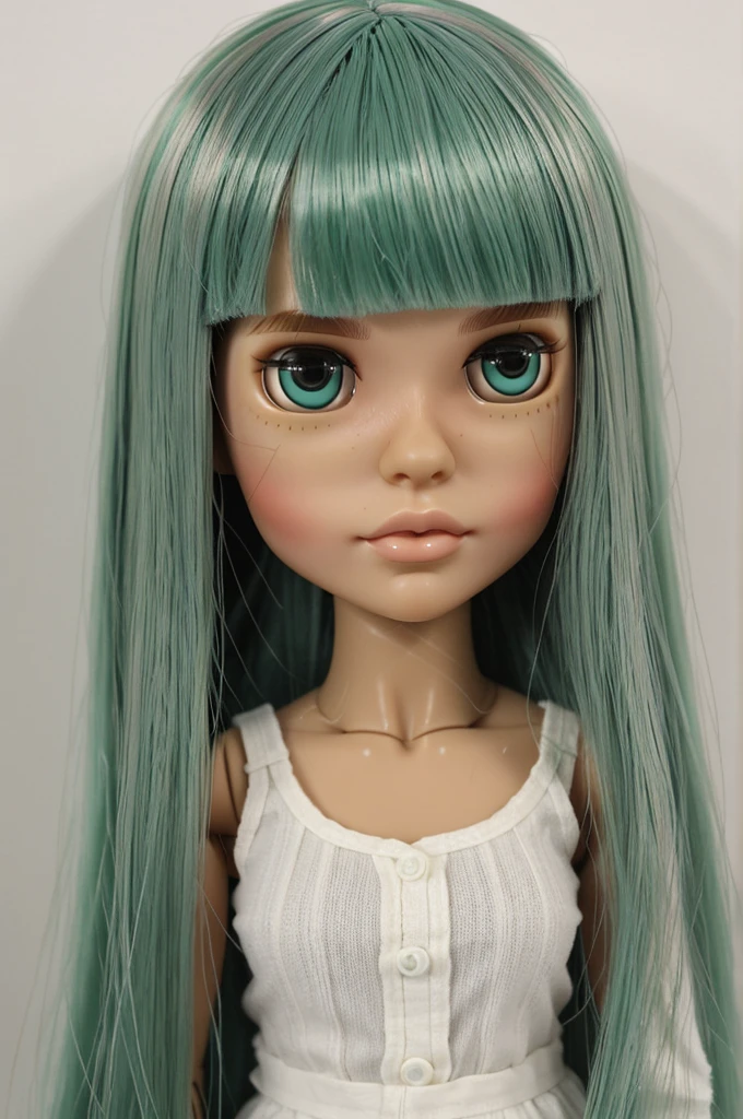Blythe doll, split hair color-mint green hair and dark brown hair, micro bangs, medium hair, straight hair