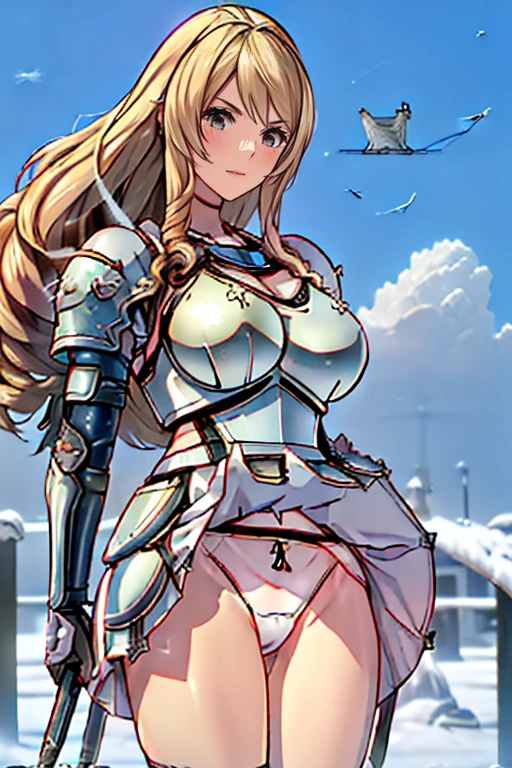 Very beautiful woman、Slender women、(Detailed face)、Realistic Skin、((Holy Knight)), ((Armor made of black))、((((Extremely detailed and intricately decorated armour:1.1))))、(Smooth breast cup)、((Delicate photo)),(Girl Astepeace RAW Photo Details:1.25), (Highest quality:1.6), (Ultra-high resolution:1.5), (Realistic:1.75), 8K resolution, Canon EOS R5, 50mm, Absurd, Super detailed,Cinema Lighting,((Fightfield))、((Fight))、(((White embellished micro skirt)))、Crimson high leg panties with lace pattern:1.2,Thigh-high socks、Shingard、((blonde))、((Curly Hair))、((Drill Hair))、((Wavy long hair,))、ponytail, Cape、Beautiful Armor、(((Has a huge weapon)))、(In combat)、The wind is blowing、((Symmetrical armor))、((((Blizzard))))、(((Lead a large group of knights:1.2)))、banner、(((Battle Scenes)))、((Browsing Caution:1.2))、(((I can see her panties:1.4)))、、((Skirt lift in the wind:1.4))