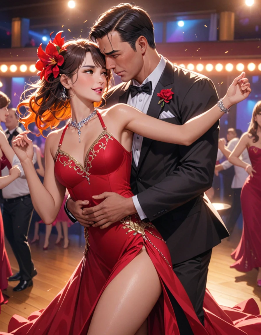 A beautiful girl with dark brown hair and a red dress dances in a dance club with a strong man with blond hair., waist-length portrait,detailed image, realistic, real, realistic facial features, realistic photography,Tangor dance,Expressive Movements,tempting,powerful,elegant,tango hugs,bright colors,sensual,Musical atmosphere,impeccable choreography, fascinating,attractive,Vigorous,tango rhythm,Elaborate costumes,fluid movement,Fiery intensity,romantic,dramatic lighting,страстный connection,Fiery Passion,Perfect Synchronization,audience fascinated,Sparks fly,emotional connection, intensive chemistry,fascinating performance,red flowers in the background