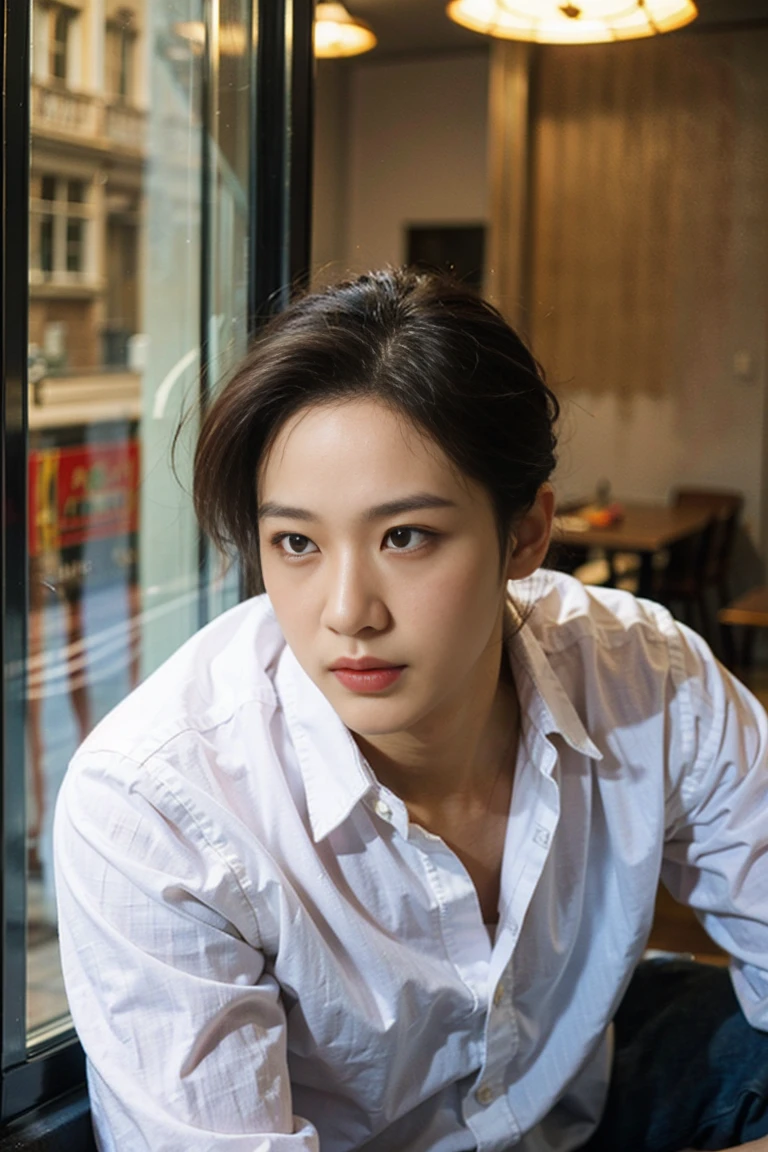 (Masterpiece, best quality:1.2), realistic photography handsome men, smoking in the window