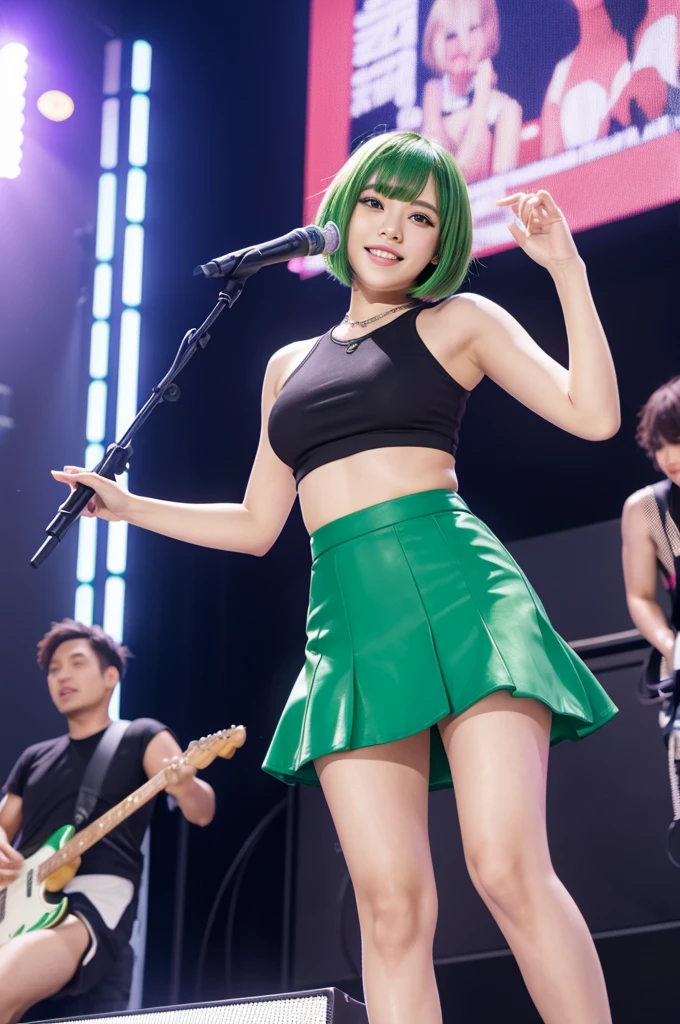 1woman, idol, bob cut, short hair, green hair、concert、20th Generation、band、camisole、mini skirt、vocal、Lift your legs