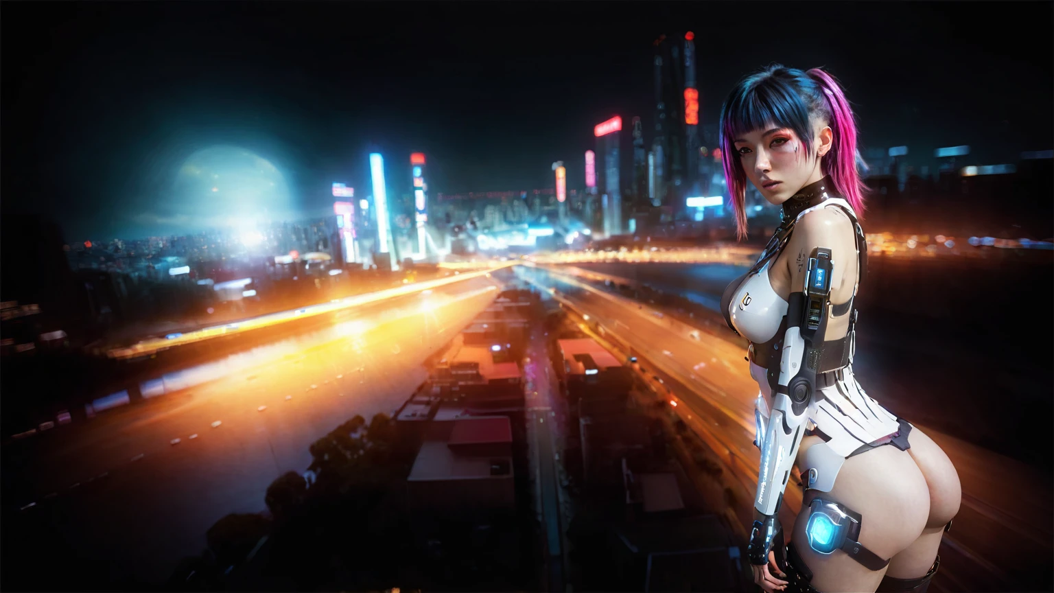 (Realistic:1.4) cyberpunk girl images, (highest quality, 8k, 32k, masterpiece) , (Dynamic pose), ((Front camera)), Cowboy Shot, Shapeless hair, Multicolored Hair, Colorful cyberpunk combat armor, Depth of written interface f/1.8, high angle view of Cyberpunk city (((((at night))))) as background. (((1girl, solo))), photo realistic, (medium-breast slim body, cleavage), (((full bra top, extreamly short pleated (((miniskirt))) exposing panty))), (((((matrix style black sunglasses))))), (((((((aiming at viewer with a (pistol), (looking at camera)))))))), (((((half-body (thigh level) medium shot))))), (cinematic lighting).