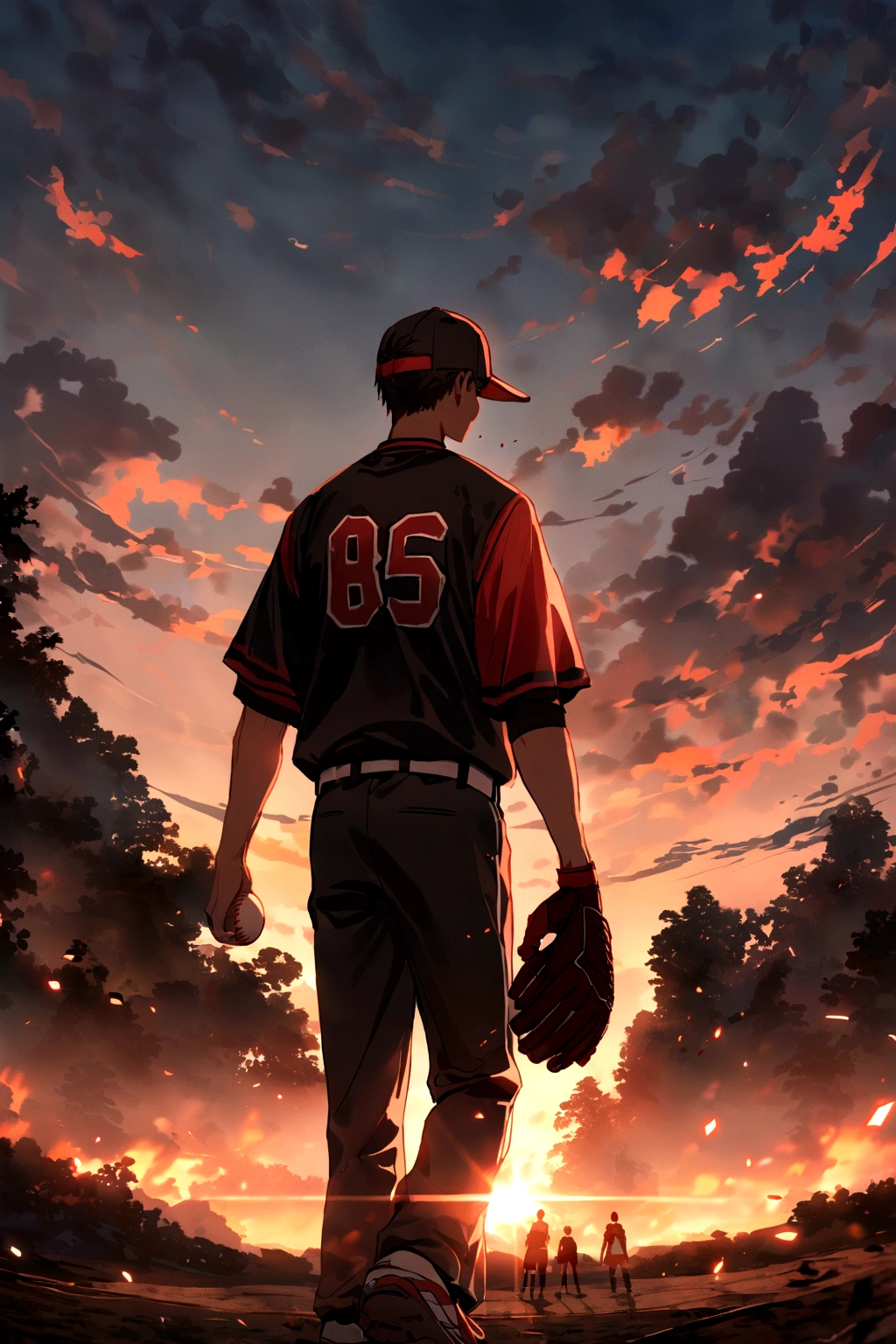 Boys,Attractive temperament,Baseball uniforms,Crooked baseball cap,Please wear a baseball glove on your right hand,Baseball glove in left hand,Back view,court,youth,evening