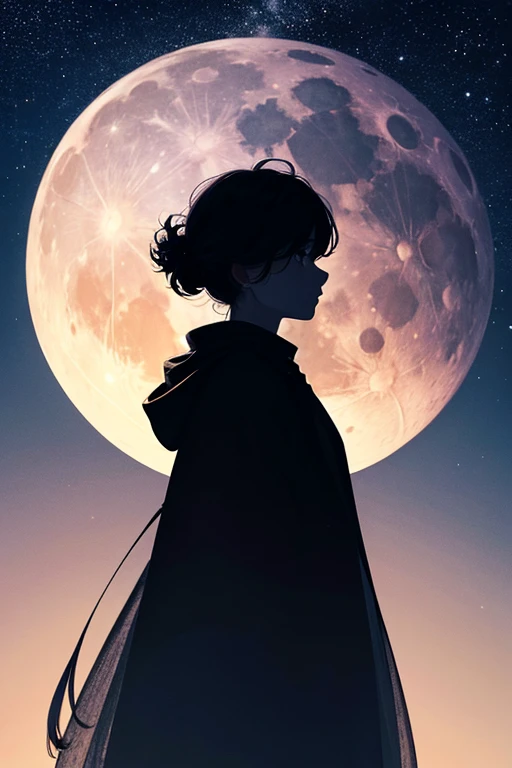 Highest quality,Big moon and shadow,A silhouette of a person can be seen against the backdrop of a large moon.,There is one full moon,There is a mood,Beautiful scenery,Starry Sky