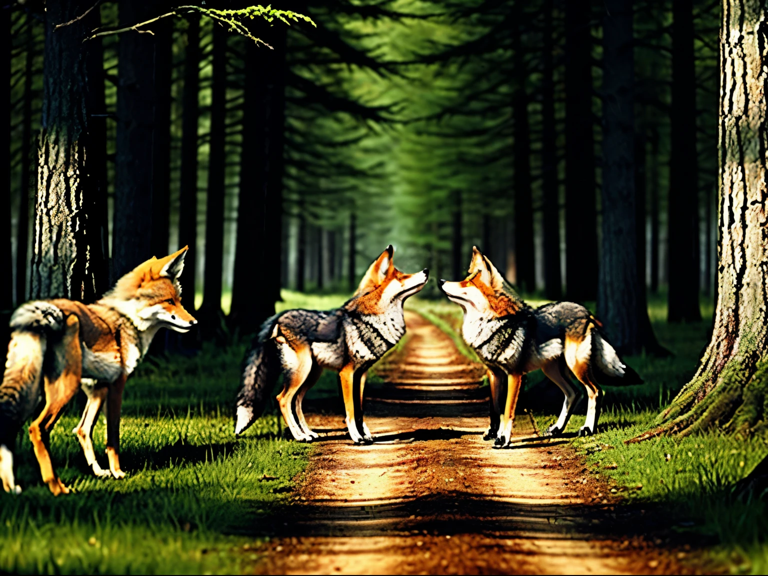  The wolf and fox meeting on a forest path, engaging in discussion
. hyper-realistic, 8k,ultra, pixar style, Disney style, cinema 4d, --ar 3:2