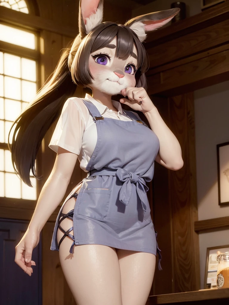 Highest quality, masterpiece, Ultra-realistic, Super detailed, Beautiful details, 4K, 8K, upper, Photo realistic, Realistic lighting.
medium Shot,
((Background is cafe)),
((Anthropomorphic bear)),
((woman body)),
((7heads tall)),
(bear woman)),
Detailed animals,
Complex patterns,
(Furry:1.35),
(All skin is grey:1.3),
(The body is fluffy and bushy:1.3),
Realistic fur,
Human hand,
BREAK.
(((Judy Hopps face))),
((Aoki Reika facial expression)),
((ponytail)),
((see-through bangs)), bangs,
((dark brown hair color)),
Purple eyes,
{Eye highlights, Clear eyes, Eyes sparkling, round pupils},
Detailed Iris,
(Eyebrows raised:1.2),
(Crescent eyebrows:1.3),
(cat ears:1.3),
raised corners of mouth.
BREAK.
The lady is wearing White T-shirt
The lady is wearing brown apron.
The apron is over her knees.
The lady is wearing jeans underneath.
BREAK.
(solo:1.5), (1girl:1.5), Only 1 character.
Perfect Anatomy.
Lighting front, Lighting forward, Intricate details, Ray Tracing, Realistic,