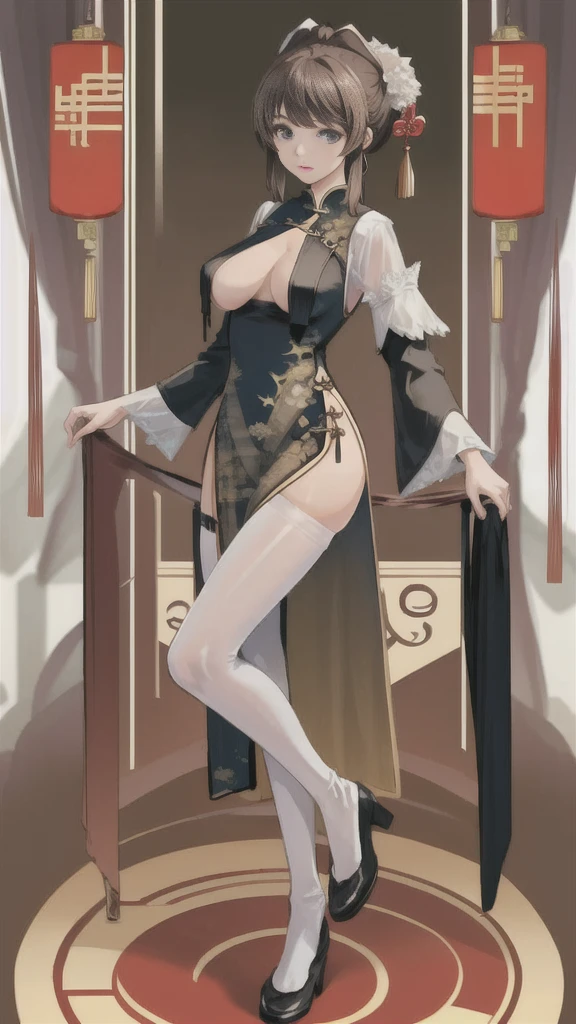 (masterpiece, best quality), 1girl, solo, full body, standing, pantyhose, (china dress, breast curtains:1.2),