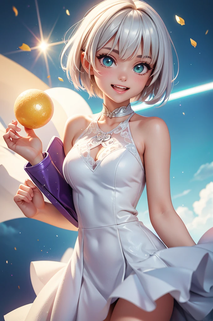 Perfect human body modeling, 1girl, beautiful girl, cute girl and idol face, young face, smile, white skin, short hair, bob cut hair, silver hair, ahoge, shiny hair, shiny skin green eyes, beautiful eyes, medium breasts, ight particles, light sparkles, lens flare, Light particles, Magic light, strong light, gorgeous dress, Princess Dresses, loud laughter, A young lady mocks those of low status