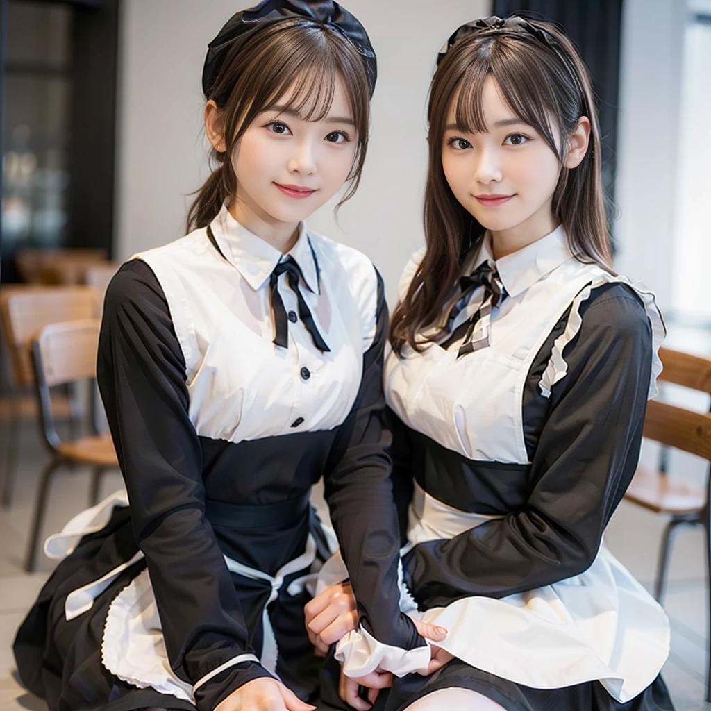 In 8K,Highest quality:1.4, Ultra-high resolution:1.5, (Realistic:1.4),masterpiece:1.2,(Highest quality:1.4)、 RAW Photos、 (The background is blurred),  1 Japanese girl, cute, (alone:1.4), (A shy smile), Smooth Skin、 (Brown medium hair,bangs),Nogizaka,Flexible fingertips,Beautiful dark eyes、dual、Natural skin texture:1.3, Realistic eye and facial details:1.7、Mid-breasted、Daytime、Tight ass:1.5、Staring at the audience,photographer５Step back, Hilarious,(Maid:1.2),bow,Long sleeve, Black sleeves,(Black checked long tights:1.5),Maidの頭飾り,Maid apronl,cafeteria,Upper Body:1.8,(Fine hair:1.1), (Fine grain:1.1)