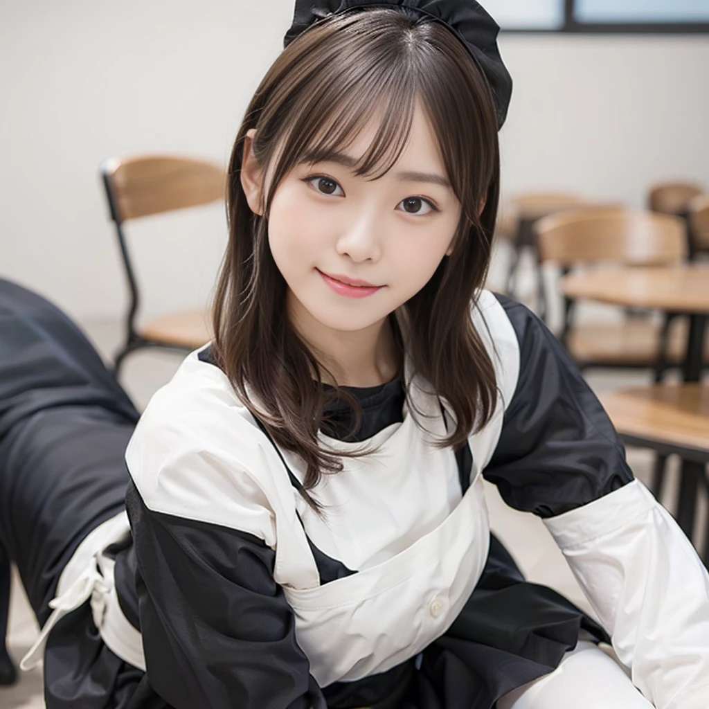 In 8K,Highest quality:1.4, Ultra-high resolution:1.5, (Realistic:1.4),masterpiece:1.2,(Highest quality:1.4)、 RAW Photos、 (The background is blurred),  1 Japanese girl, cute, (alone:1.4), (A shy smile), Smooth Skin、 (Brown medium hair,bangs),Nogizaka,Flexible fingertips,Beautiful dark eyes、dual、Natural skin texture:1.3, Realistic eye and facial details:1.7、Mid-breasted、Daytime、Tight ass:1.5、Staring at the audience,photographer５Step back, Hilarious,(Maid:1.2),bow,Long sleeve, Black sleeves,(Black checked long tights:1.5),Maidの頭飾り,Maid apronl,cafeteria,Upper Body:1.8,(Fine hair:1.1), (Fine grain:1.1)