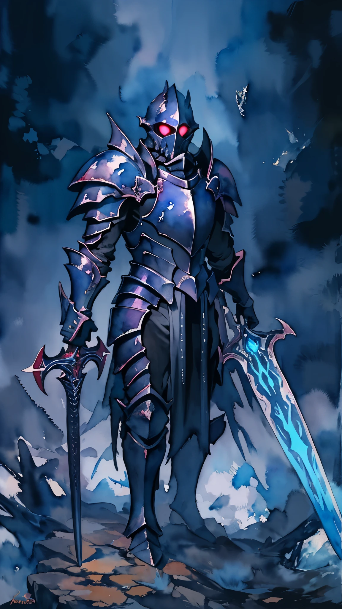 (masterpiece:1.2),(Highest quality),(Very detailedな),(Ultra-high resolution),8K,Vast landscape photography,(((watercolor))),(The Abyss Knight stands),Abyssal Sword,Abyssal Armor,Abyssal Shield,(One person: 1.5),Very detailed,The background is a gradient of black, blue and grey,Very deep darkness,The darkness of the human heart