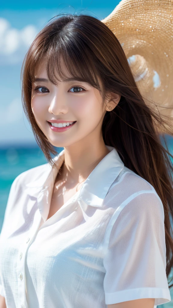 ((Highest quality、Tabletop、8K、Best image quality、Extremely intricate and detailed))、(1 person photo:1.1)、(Look at me with your best smile:1.1)、(Beautiful beaches:1.1)、(White polyester high short sleeve collar shirt:1.1)、(The perfect short sleeve collared shirt:1.1)、Accentuate your body lines、The most natural and perfect sea background、最も澄んだBeautiful sea、(Very large breasts:1.1)、(Face close-up:1.2)、Attractive body、Hair swaying in the wind、Sandy Beach、Beautiful sea、The clearest and most shining sea、Complex sea glow、The most detailed and realistic ocean、Beautiful seaの詳細が描かれています、(Very brightly lit face:1.2)、Ultra-high definition beauty face、(Ultra high resolution perfect beautiful teeth:1.1)、Ultra HD Hair、Ultra-high definition sparkling eyes、(Pure white skin shining in ultra-high resolution:1.2)、Ultra-high quality glossy lips、The cutest gravure pose、(Very bright and vivid:1.2)、(Very bright:1.2)、(Very refreshing:1.1)、(Glowing white beautiful skin:1.2)、(Very strong exposure:1.2)、(Pure white skin that shines Very brightly:1.2)、(Very strong highlights:1.2)、(Very bright and glowing skin:1.2)、Blurred Background