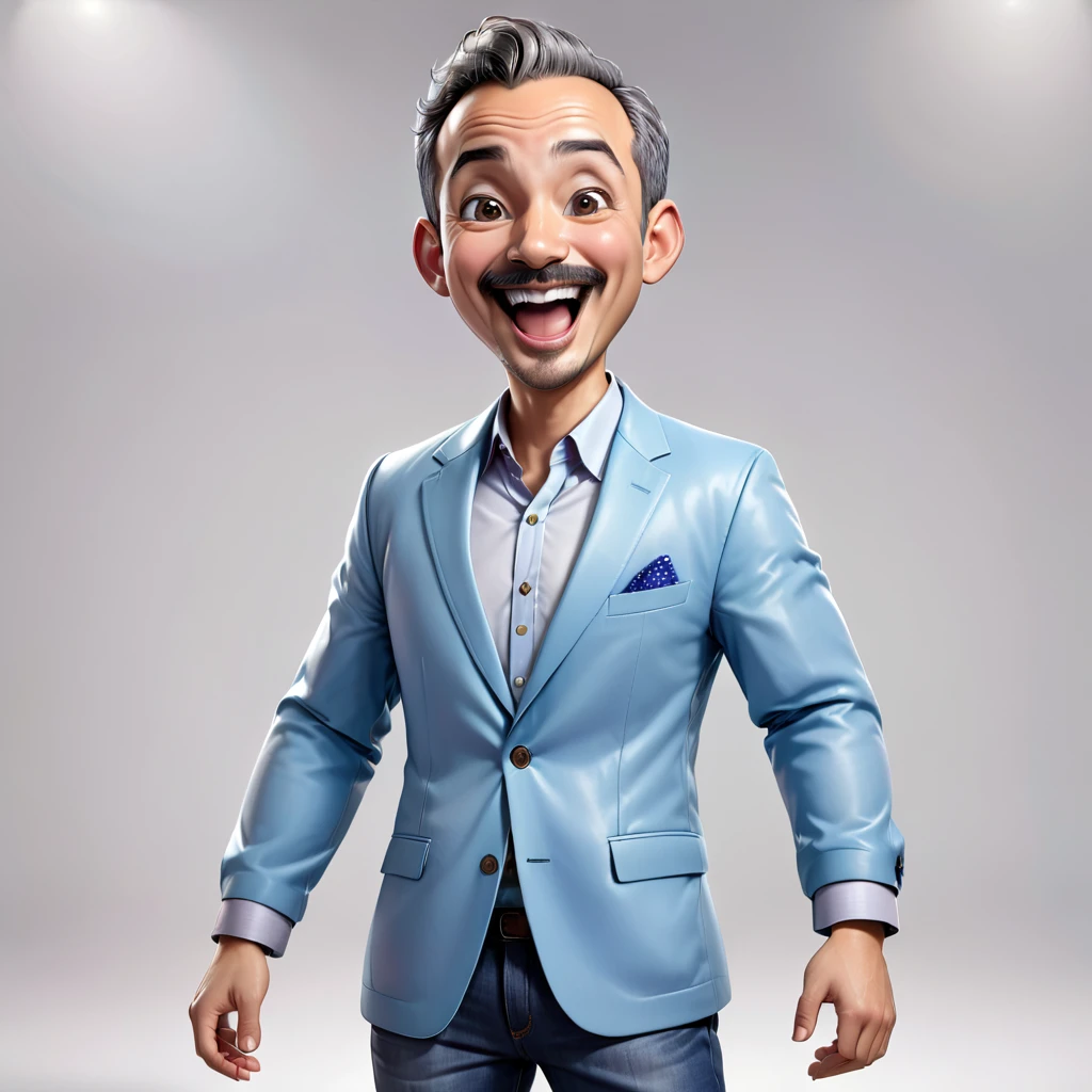 Create a realistic full body 4D cartoon character with a big head, an 30 year old indonesian man with a happy and cheerful expression. Mouth wide open, He has a bald head with wavy gray hair on the sides, big ears, bushy eyebrows and a prominent mustache. He wearing a light blue blazer over a white shirt. The illustration should emphasize his wide, happy smile and friendly demeanor.