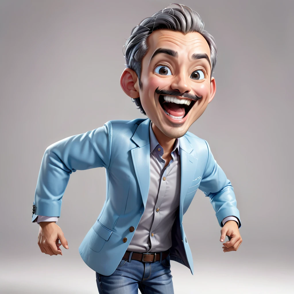 Create a realistic full body 4D cartoon character with a big head, an 30 year old indonesian man with a happy and cheerful expression. Mouth wide open, He has a bald head with wavy gray hair on the sides, big ears, bushy eyebrows and a prominent mustache. He wearing a light blue blazer over a white shirt. The illustration should emphasize his wide, happy smile and friendly demeanor.